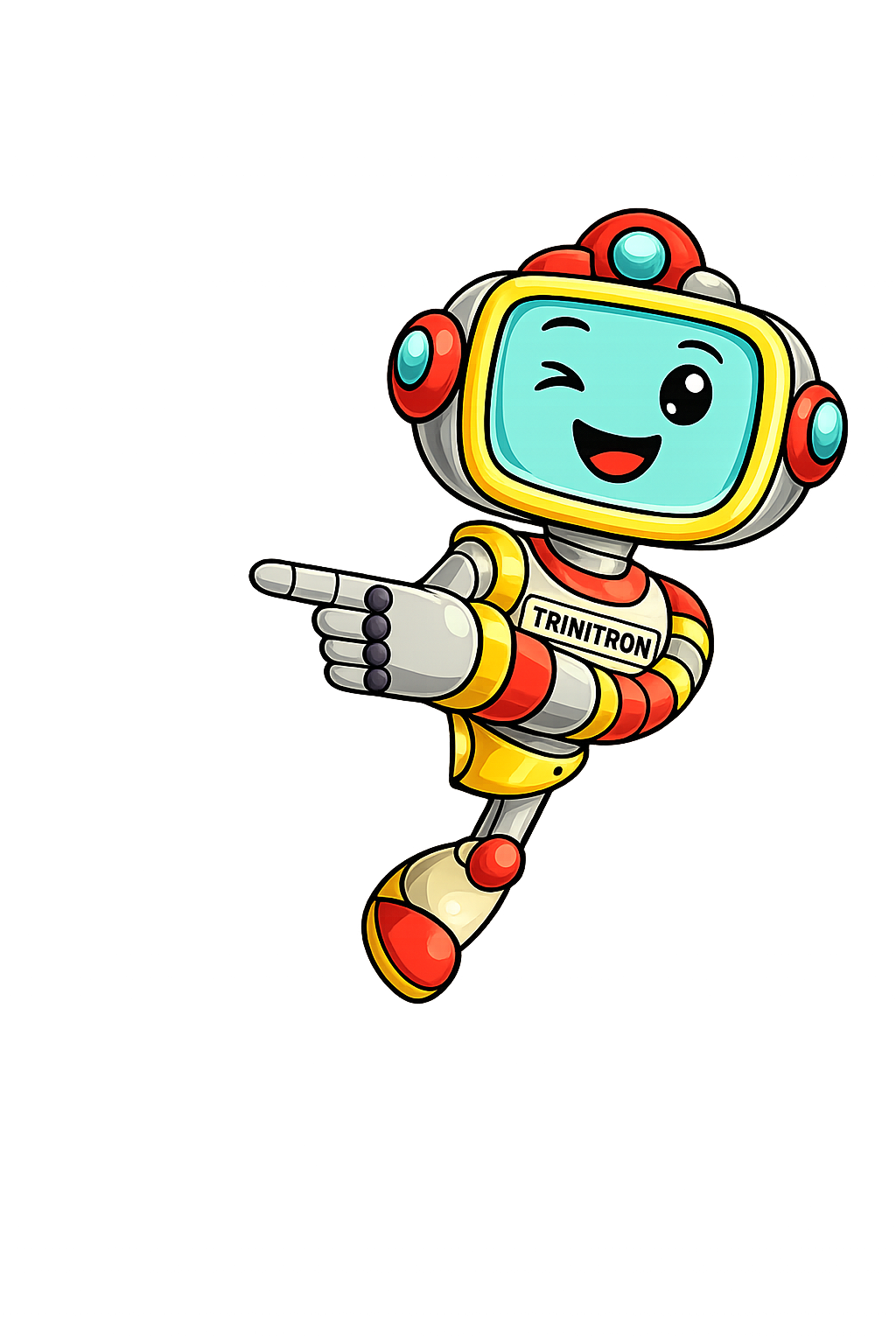 Trinitron robot pointing toward the questions